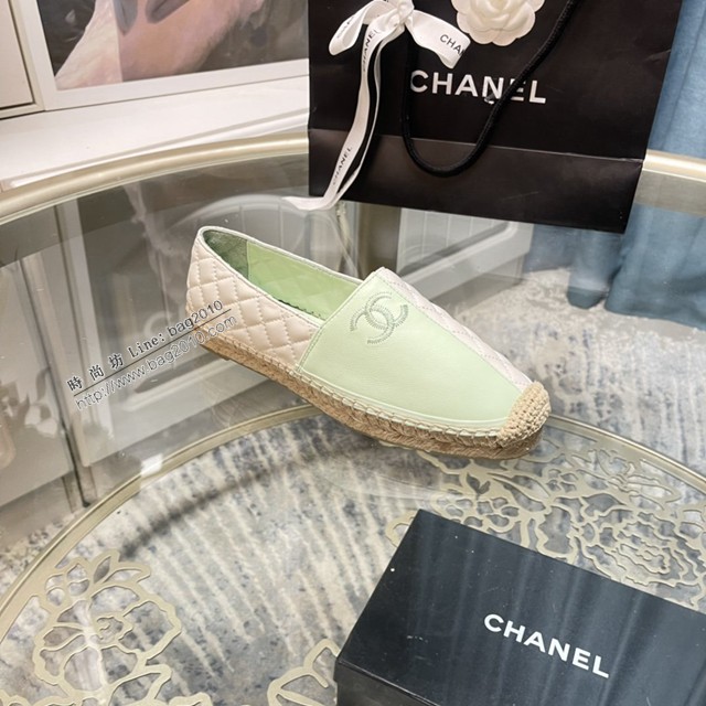 chanel2022最新頂級綿羊皮單鞋 香奈兒淺綠白拼色漁夫鞋 dx3516